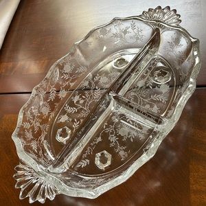 Vintage Fastidia Chintz etched glass divided relish candy dish w handles footed